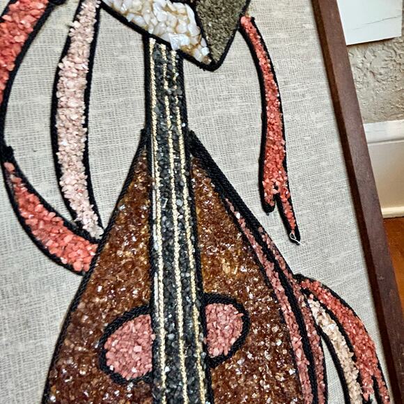 Vintage Mid-Century Gravel Art Wall Hanging – Abstract Musician with Lute - Picture 3 of 16